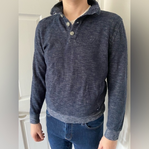 Nautica Navy Collar Quarter Button Up Sweater with Side Seam Pockets Size Medium - Picture 1 of 5